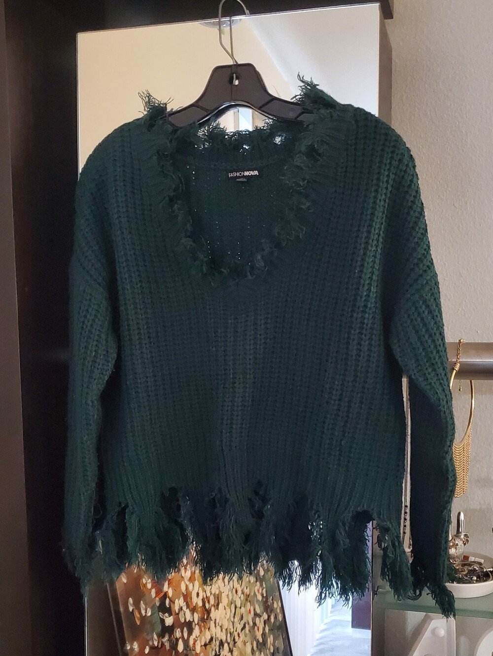 💕 Fashion Nova 💕  Dark Teal Distressed Fringe V-Neck Sweater Size M